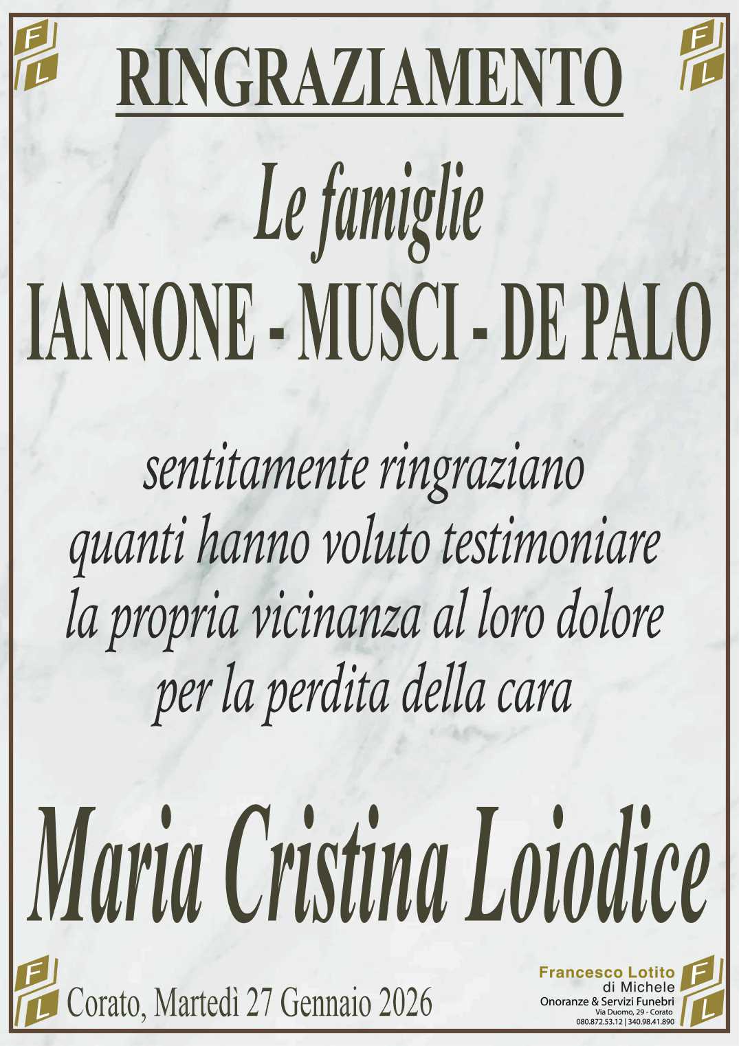 Ringraziamento Maria Cristina LOIODICE ved. IANNONE