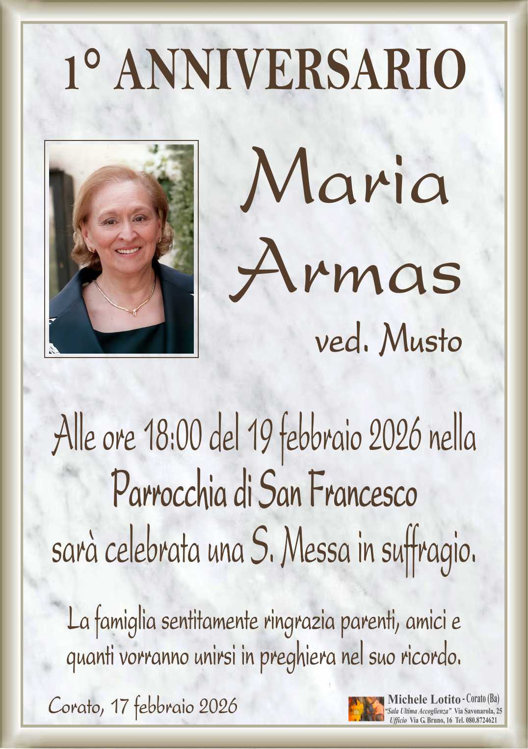 Anniversario MARIA ARMAS ved. Musto