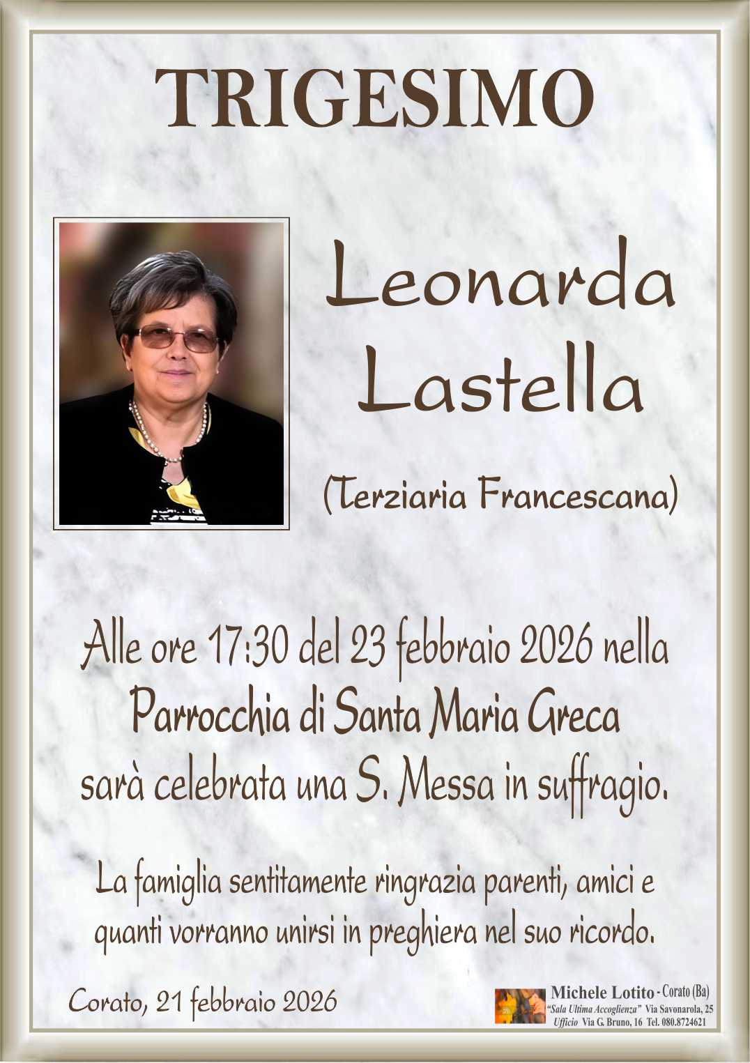 Trigesimo LEONARDA LASTELLA