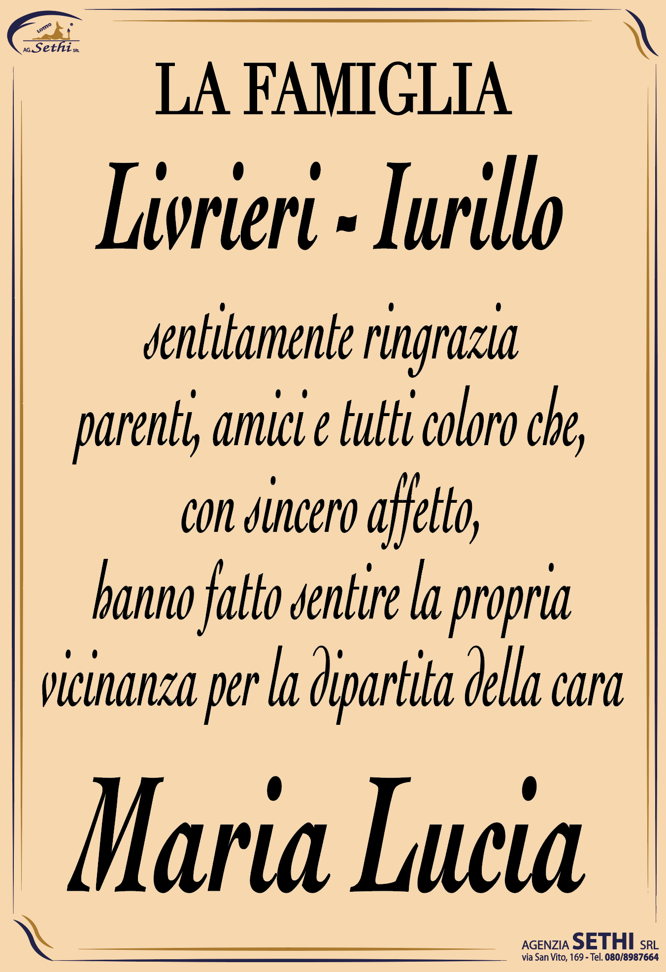 Ringraziamento Maria Lucia Iurillo ved. Livrieri