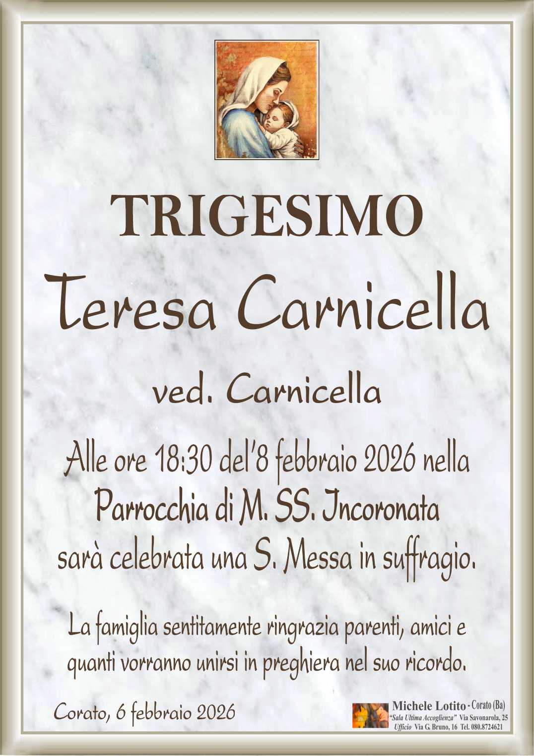 Trigesimo TERESA CARNICELLA ved. Carnicella
