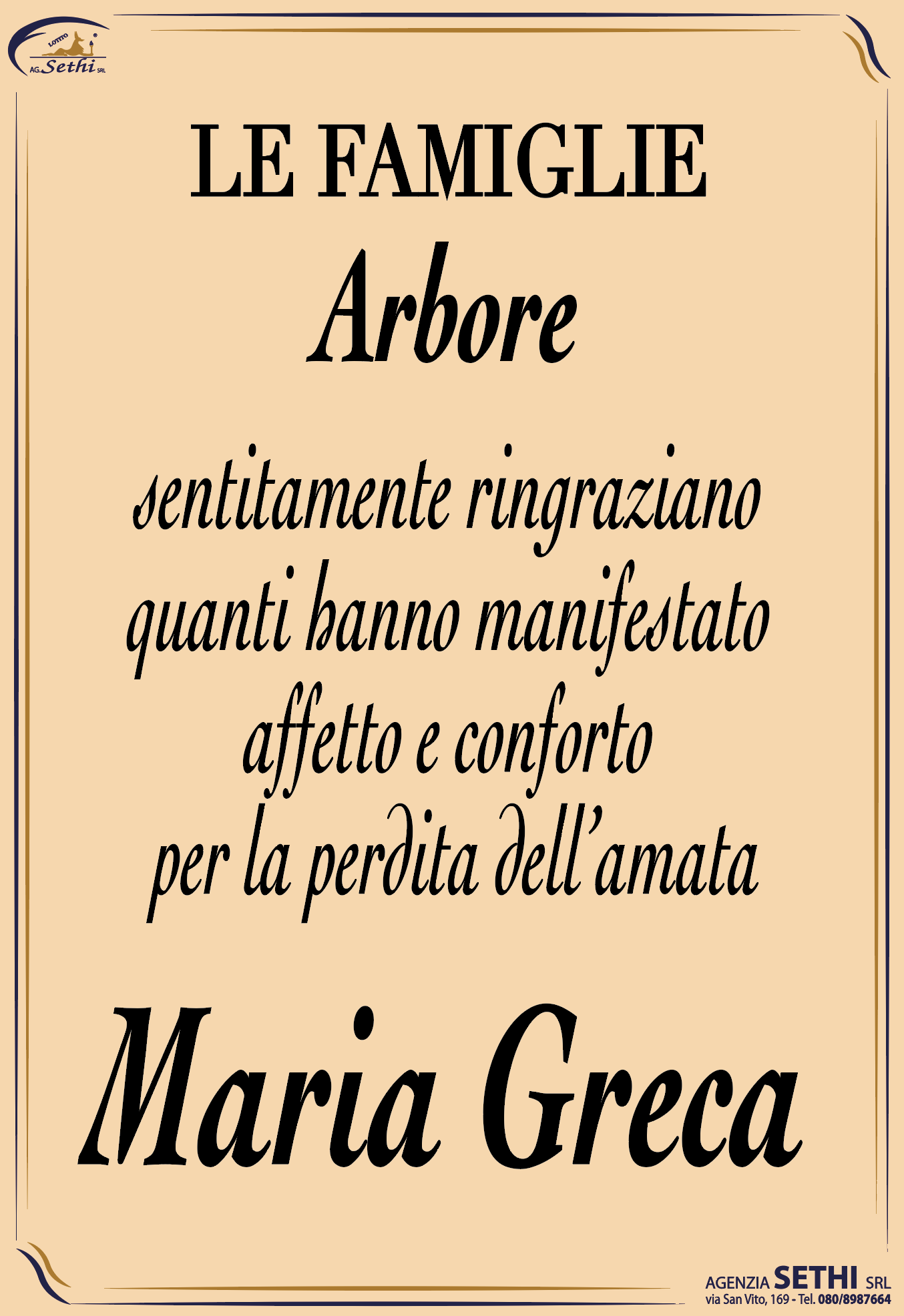 Ringraziamento Maria Greca Mangano ved. Arbore
