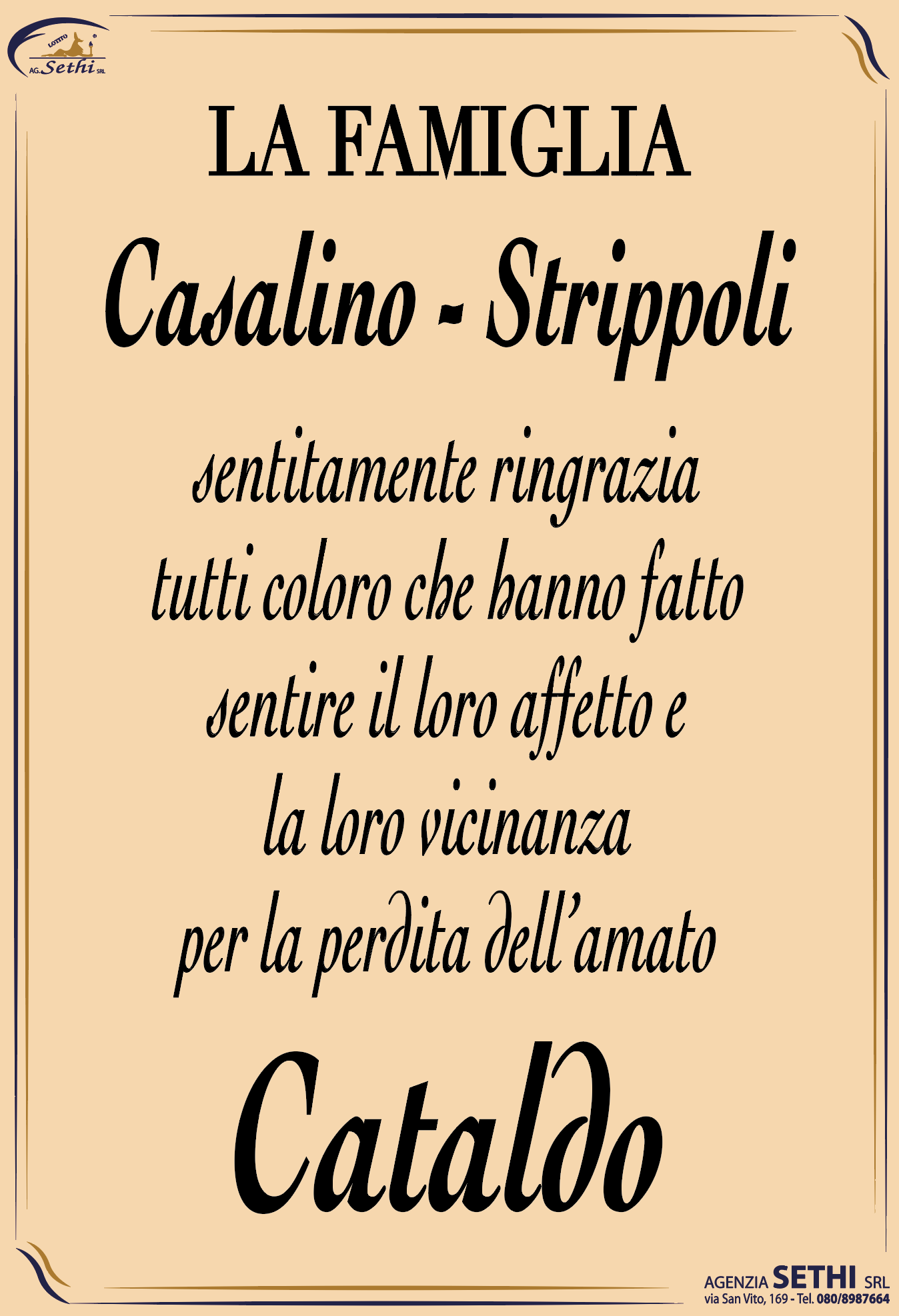 Ringraziamento Cataldo Casalino fu Vincenzo