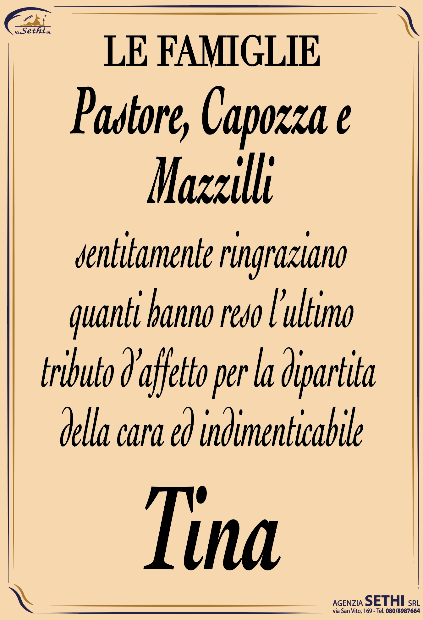 Ringraziamento Nunzia Angiulli ved. Pastore