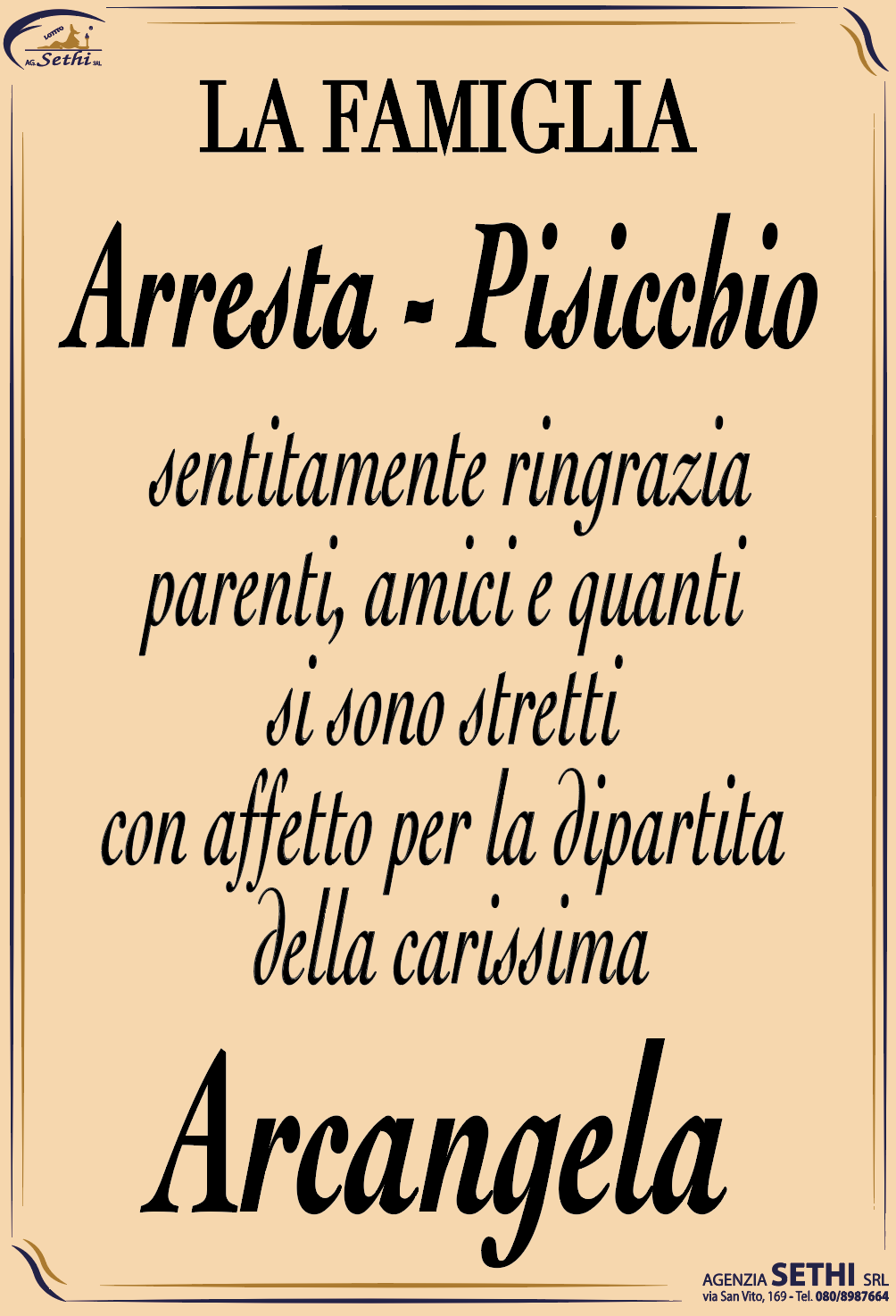 Ringraziamento Arcangela Pisicchio in Arresta