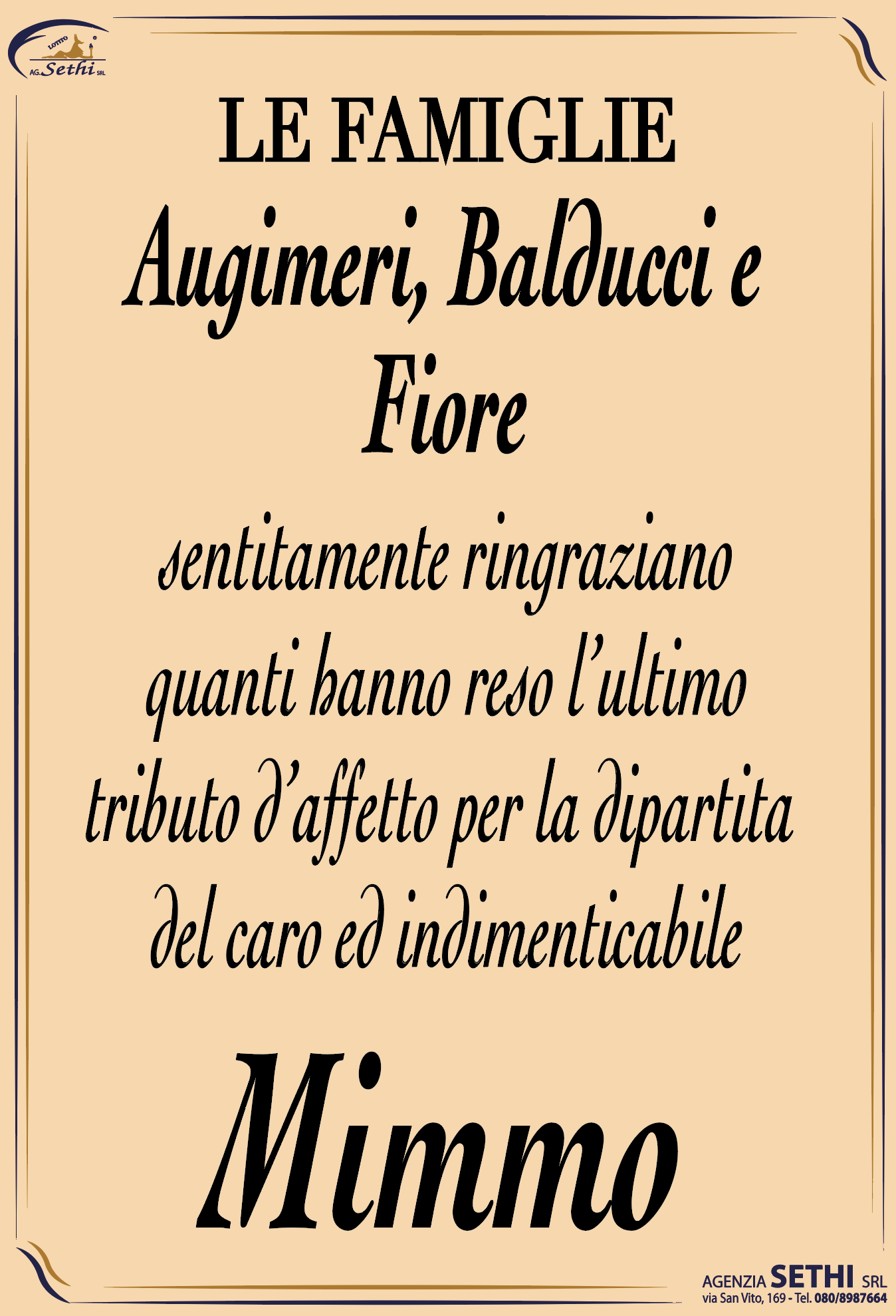 Ringraziamento Domenico Augimeri fu Alberto Direttore di Banca in pensione e "Maestro del Lavoro"