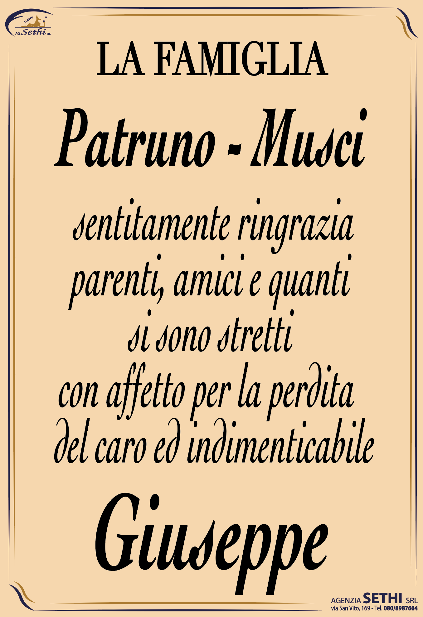 Ringraziamento Giuseppe Patruno fu Luigi