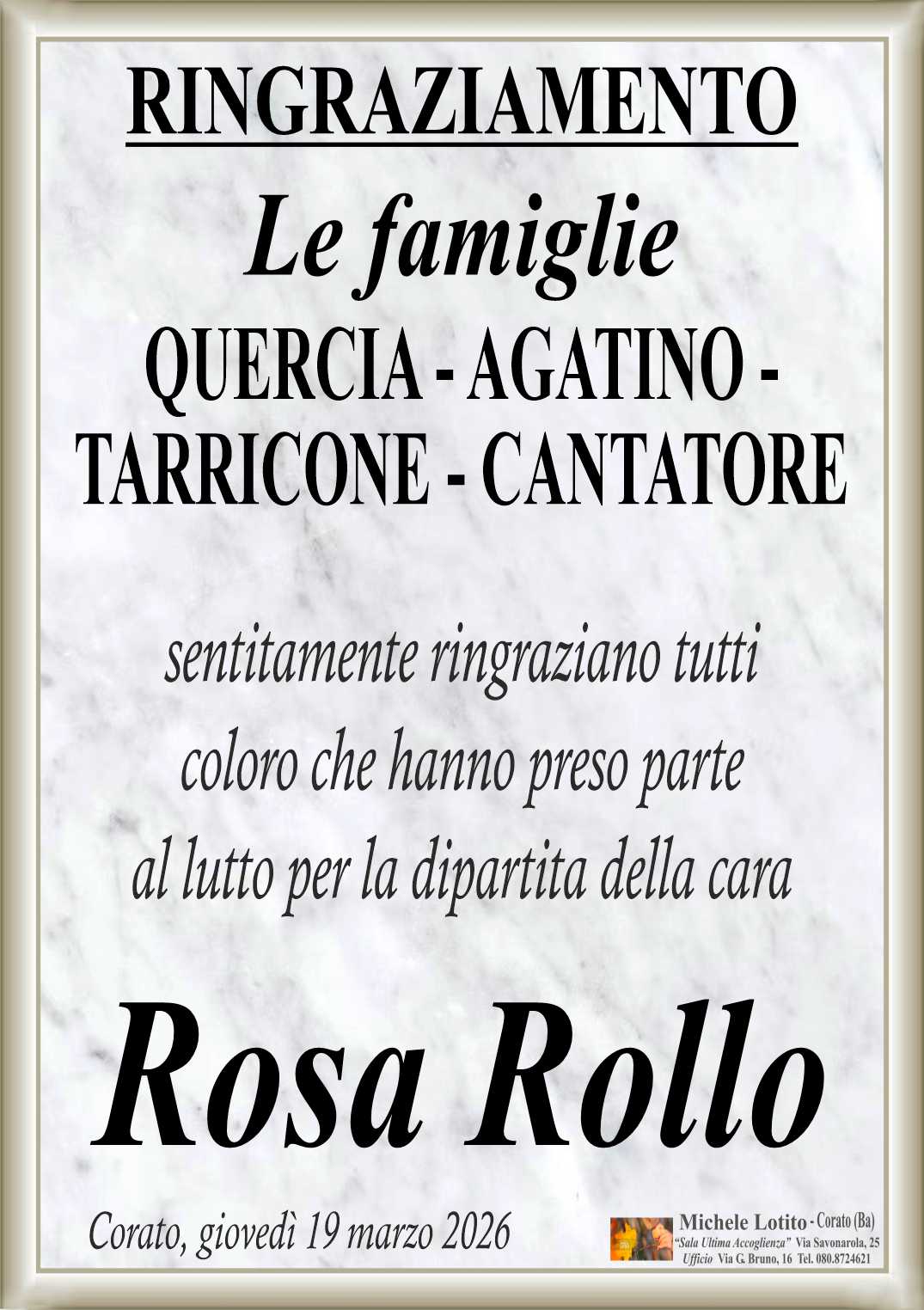 Ringraziamento ROSA ROLLO ved. Quercia