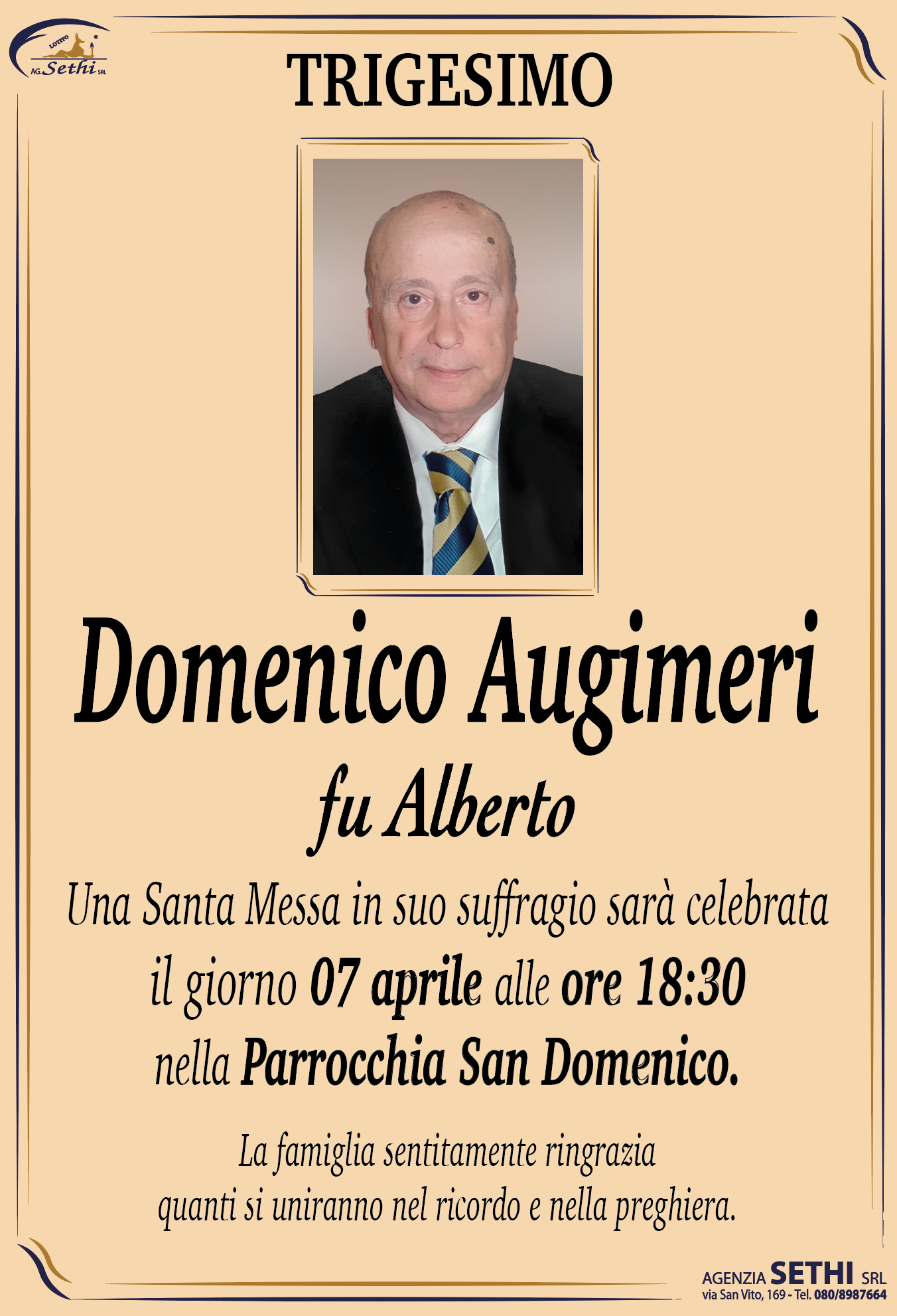 Trigesimo Domenico Augimeri fu Alberto Direttore di Banca in pensione e "Maestro del Lavoro"