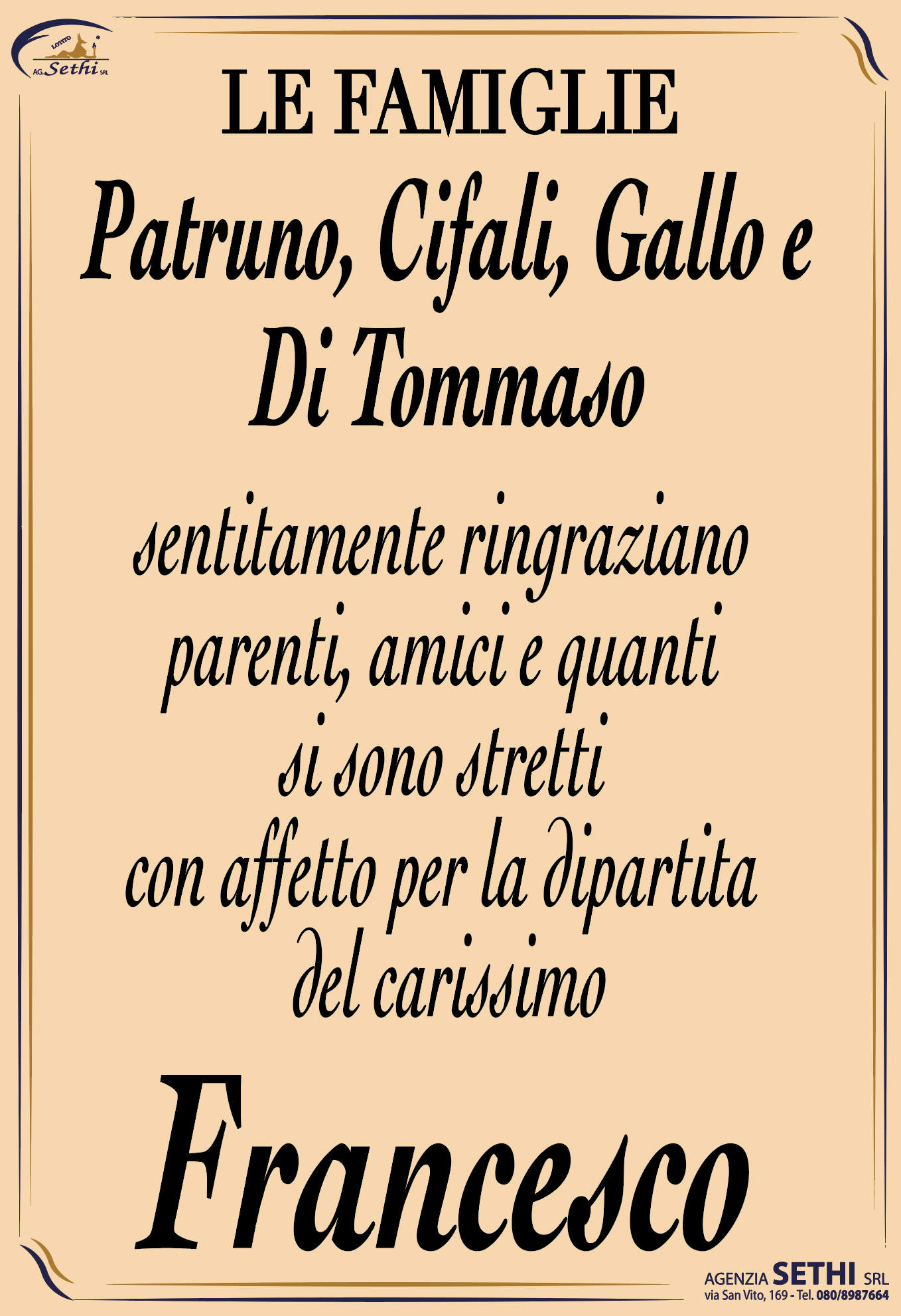 Ringraziamento Francesco Patruno (Capo stazione titolare FBN in pensione)
