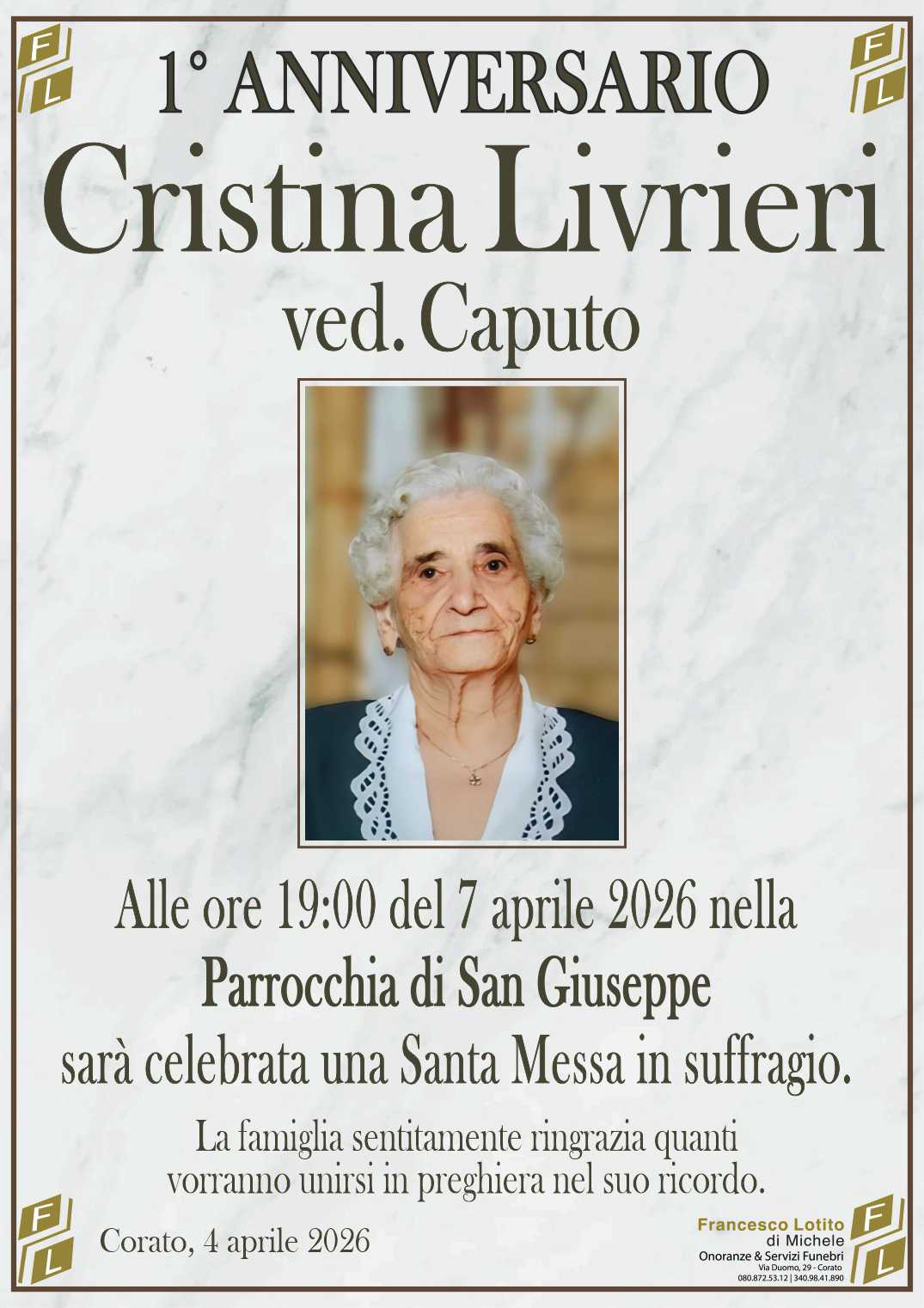 1° anniversario Cristina LIVRIERI ved. CAPUTO