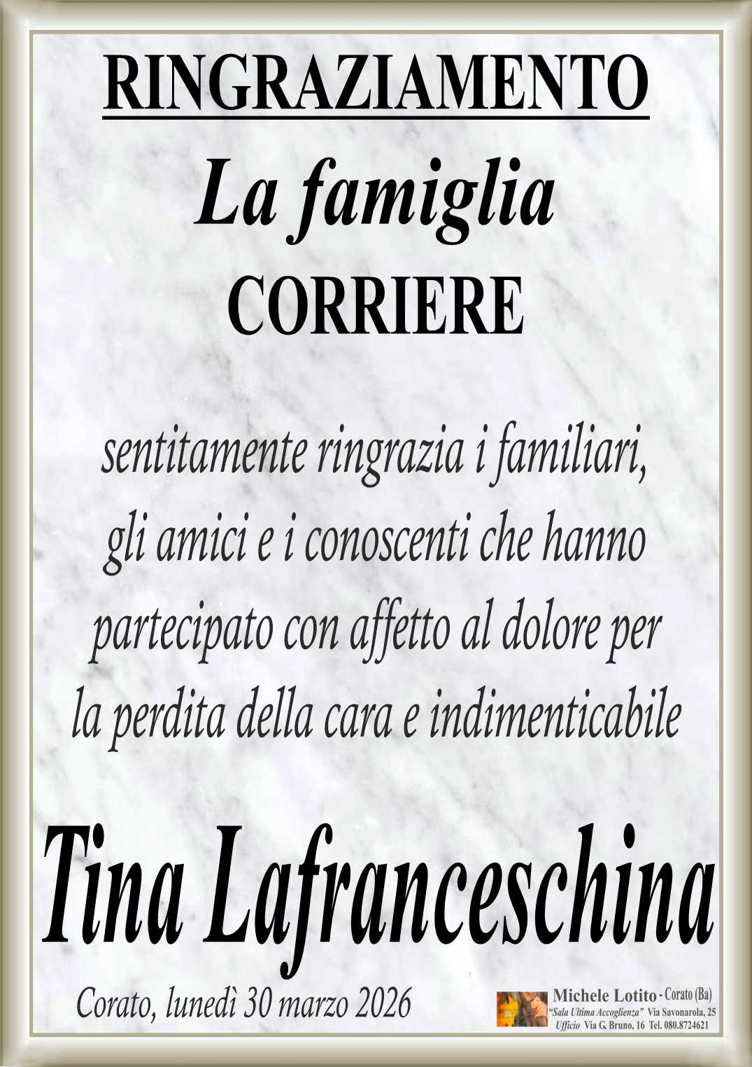 Ringraziamento TINA LAFRANCESCHINA ved. Corriere