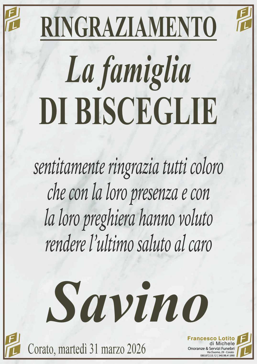 Ringraziamento Savino DI BISCEGLIE