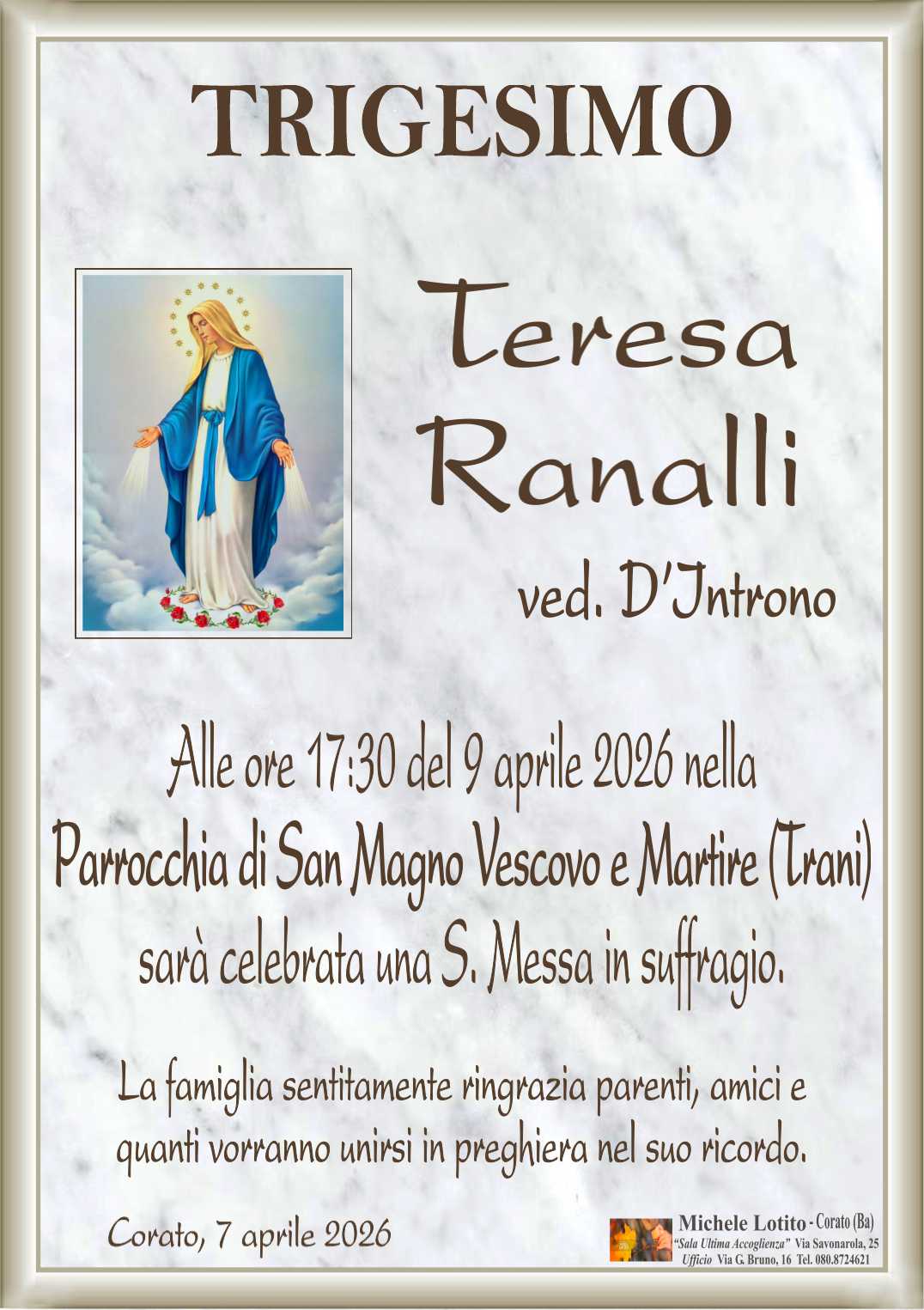 Trigesimo TERESA RANALLI ved. D'Introno