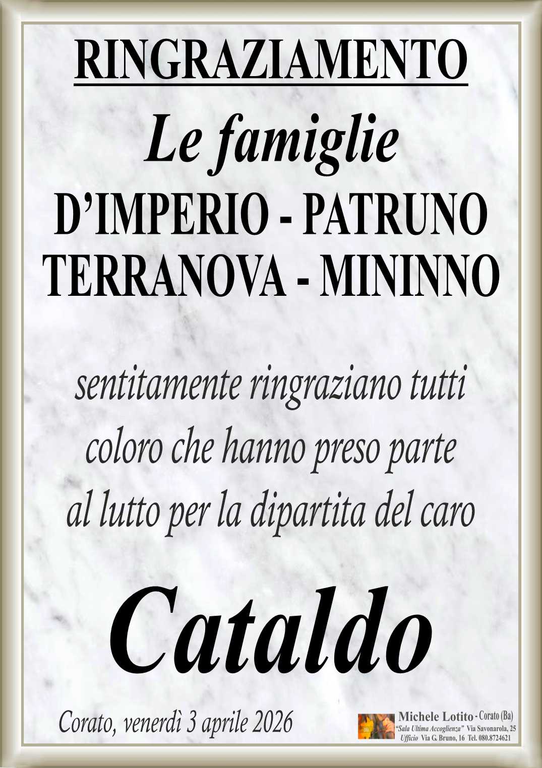 Ringraziamento CATALDO D'IMPERIO