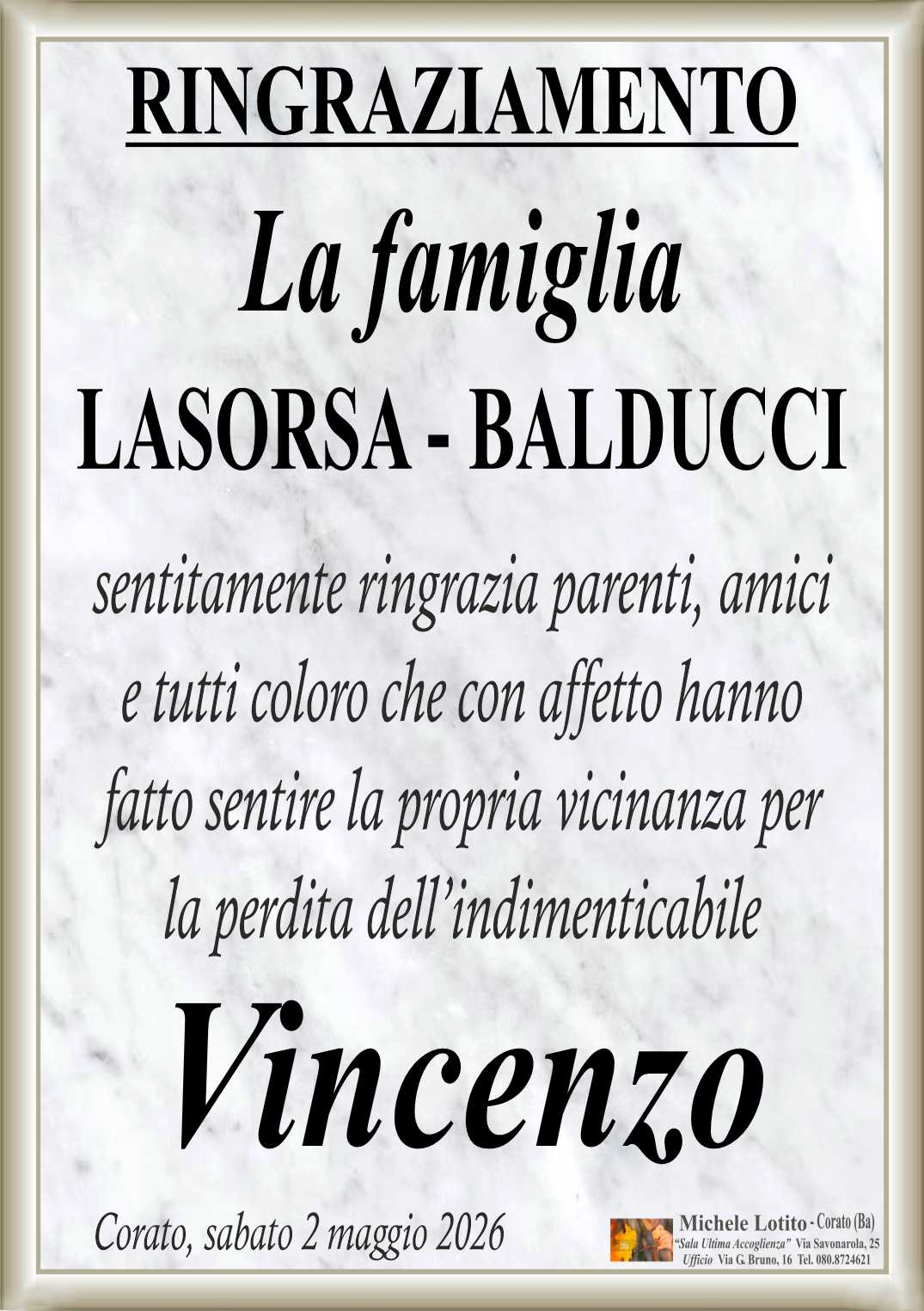 Ringraziamento VINCENZO LASORSA