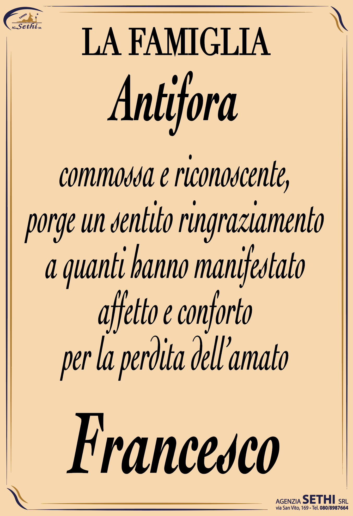 Ringraziamento Francesco Antifora