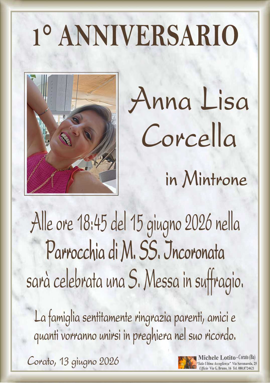 1° anniversario ANNA LISA CORCELLA in Mintrone