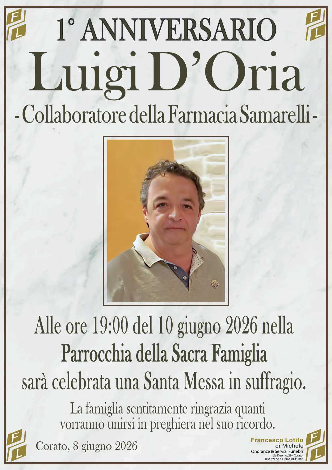 1° anniversario Luigi D’ORIA – Collaboratore della Farmacia Samarelli –