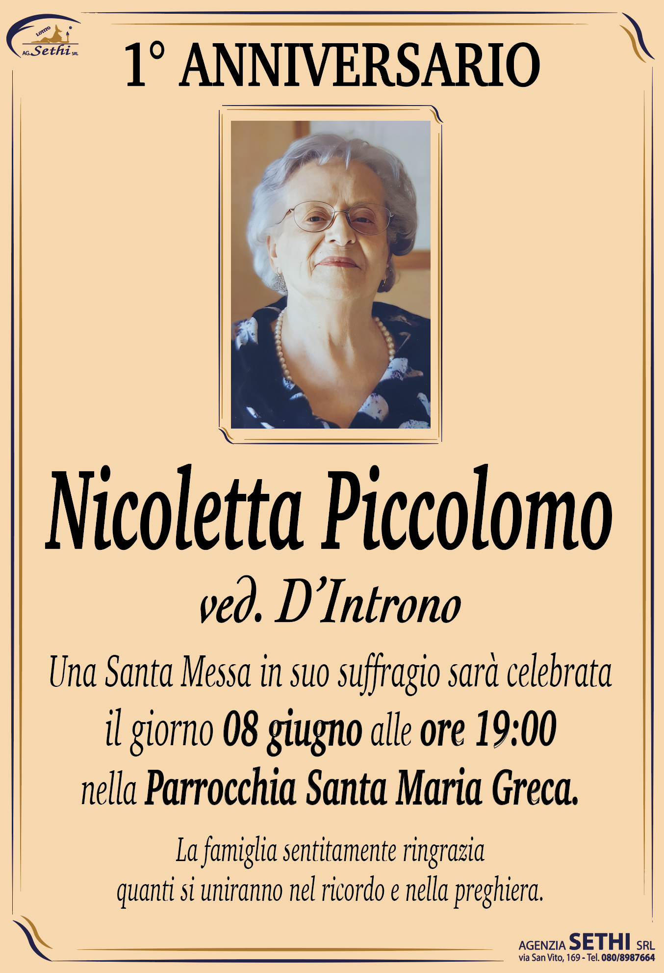 1° anniversario Nicoletta Piccolomo ved. D’Introno