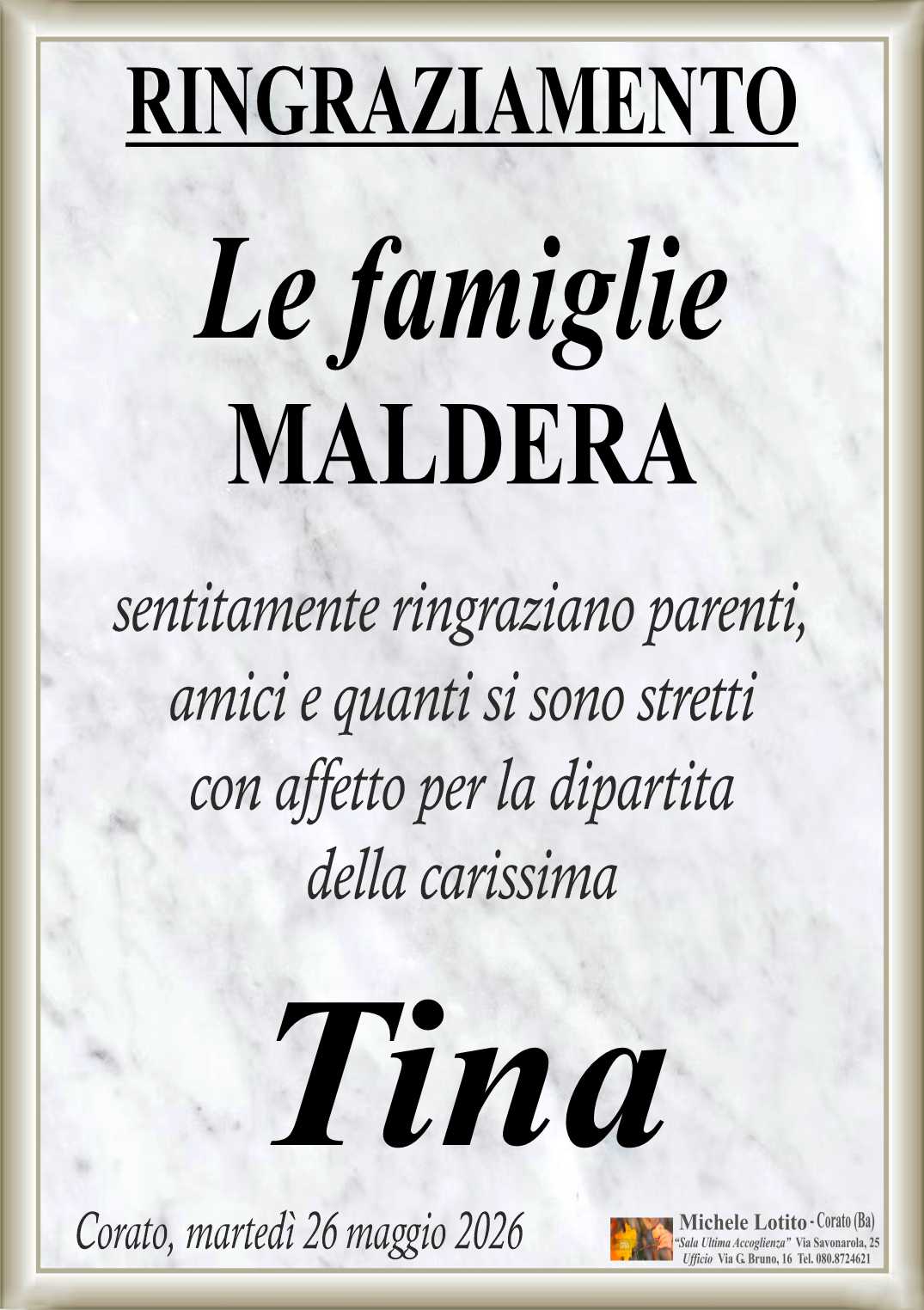 Ringraziamento NUNZIA DE BENEDITTIS in Maldera