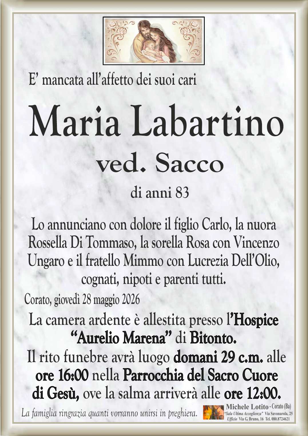 Lo annunciano con dolore il figlio Carlo, la nuora
Rossella Di Tommaso, la sorella Rosa con Vincenzo
Ungaro e il fratello Mimmo con Lucrezia Dell’Olio,
cognati, nipoti e parenti tutti.