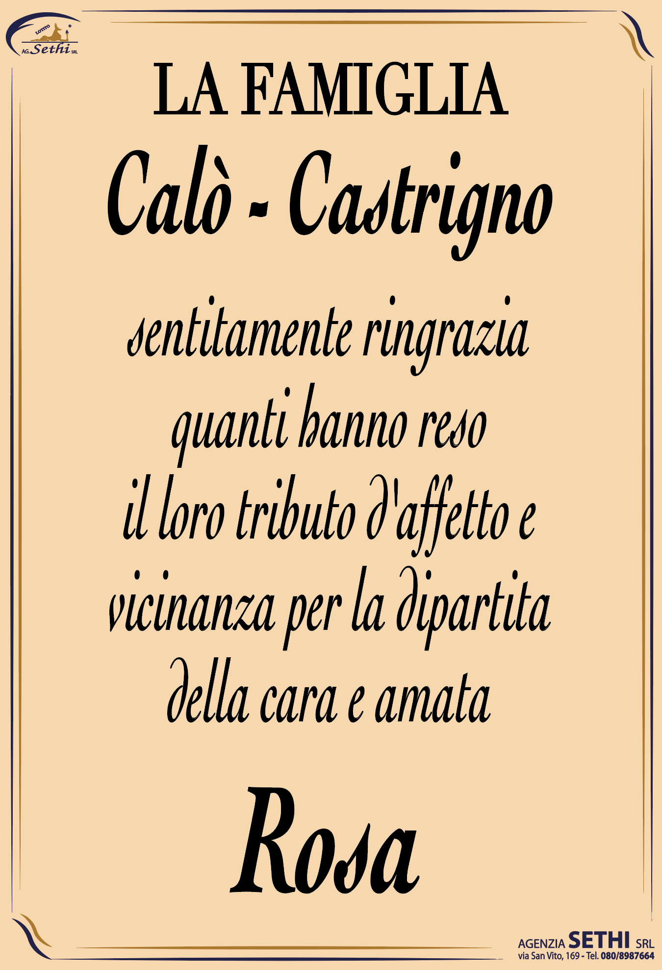 Ringraziamento Rosa Adua Liberata Castrigno ved. Calò