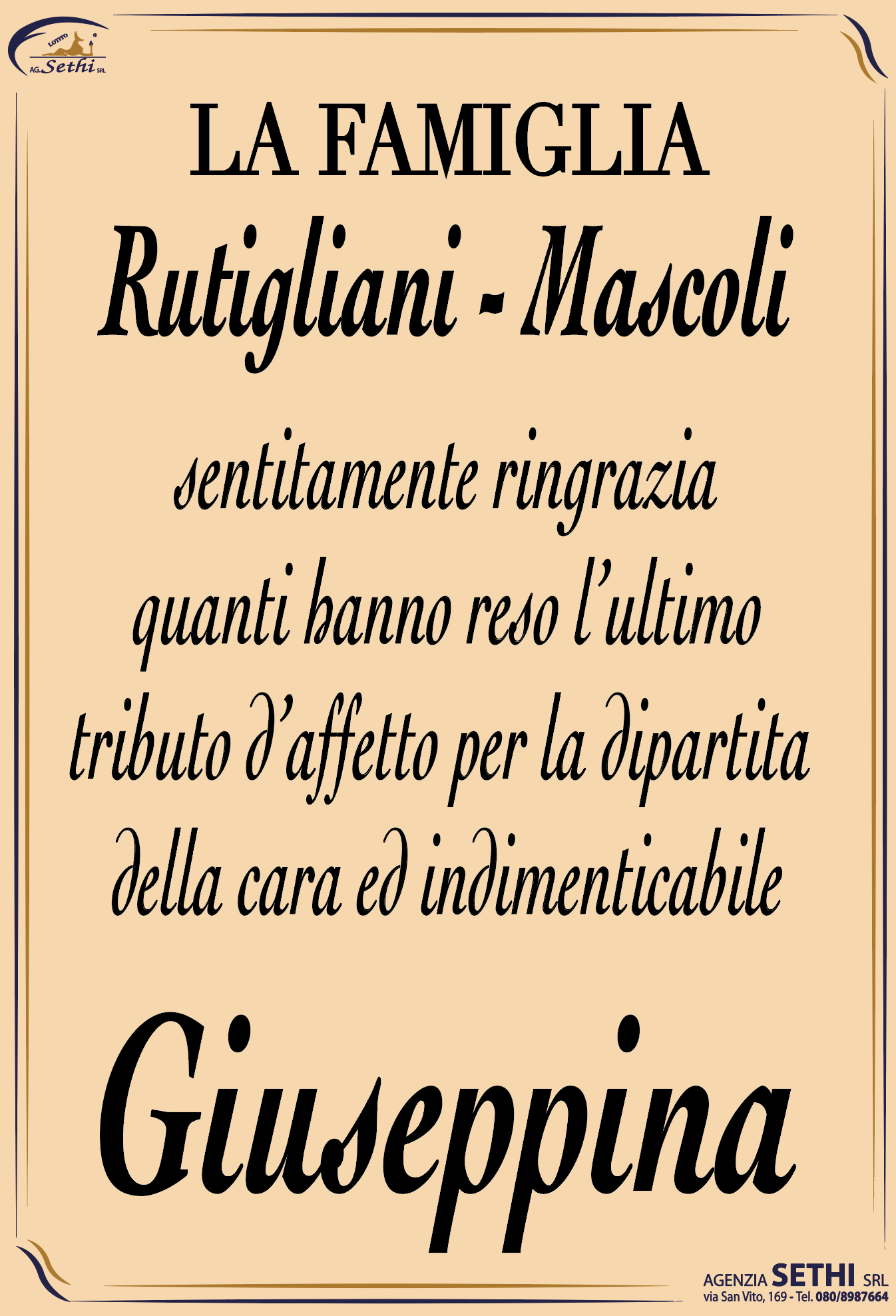 Ringraziamento Giuseppina Rutigliani ved. Mascoli