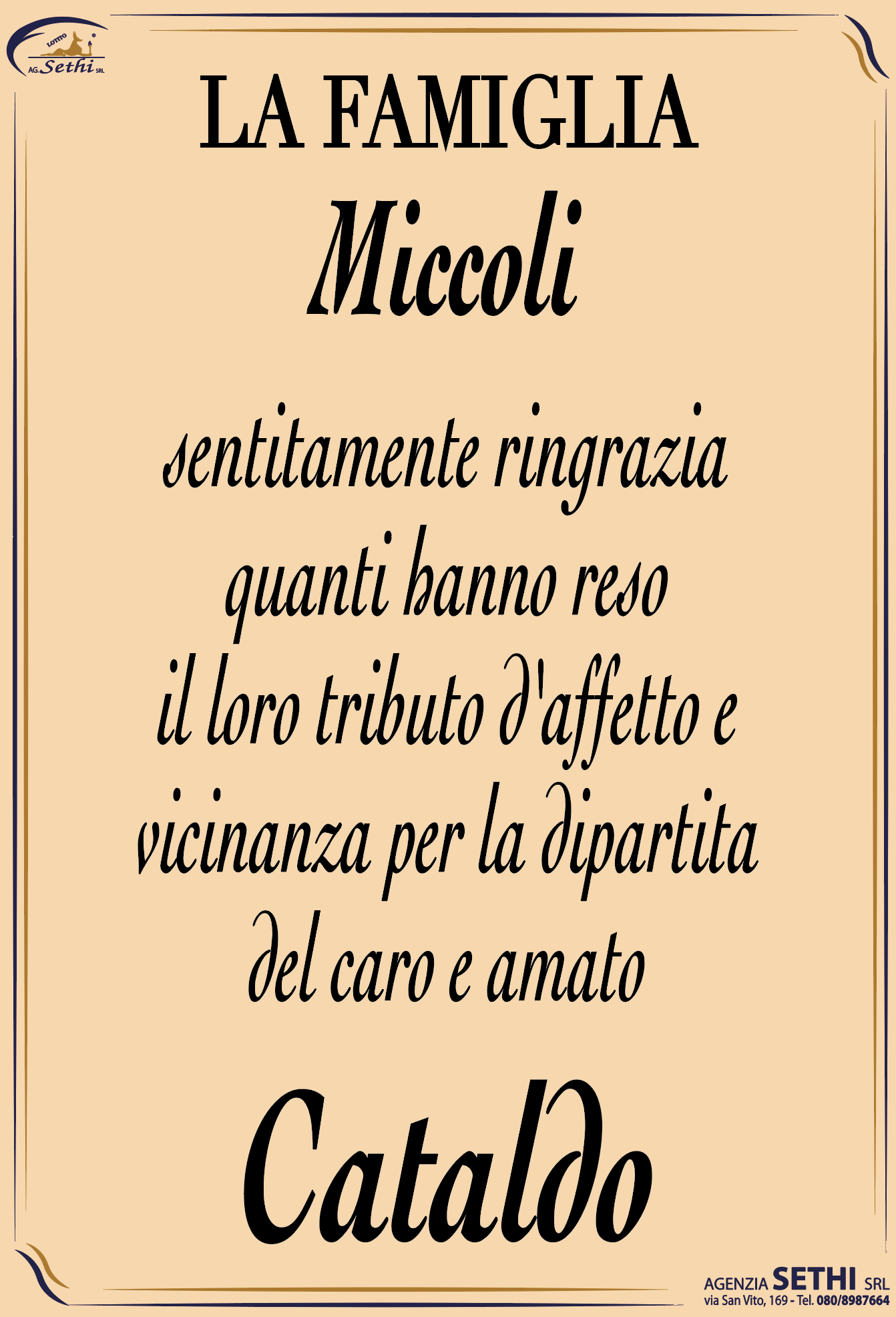 Ringraziamento Cataldo Miccoli