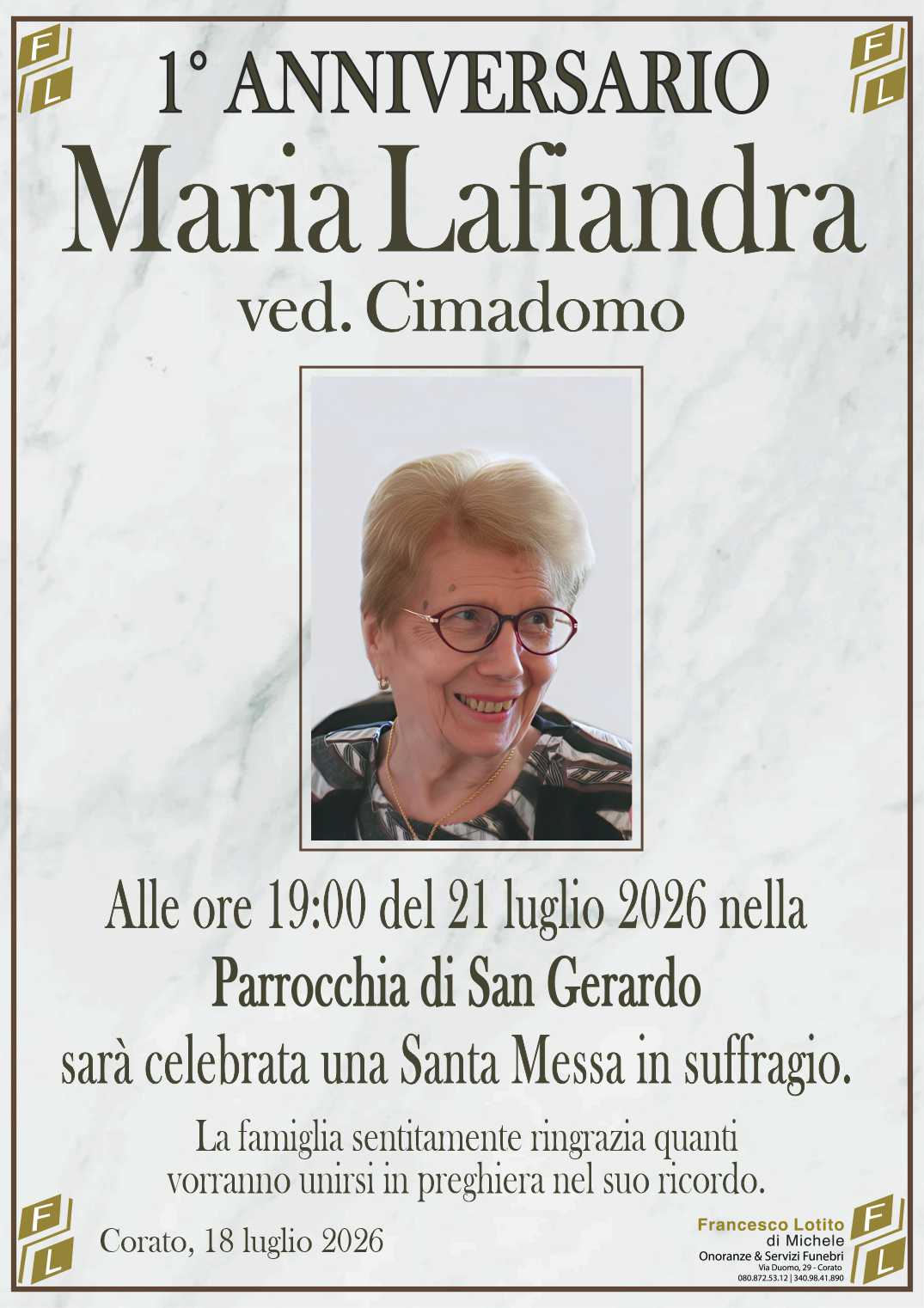 1° anniversario Maria LAFIANDRA ved. CIMADOMO