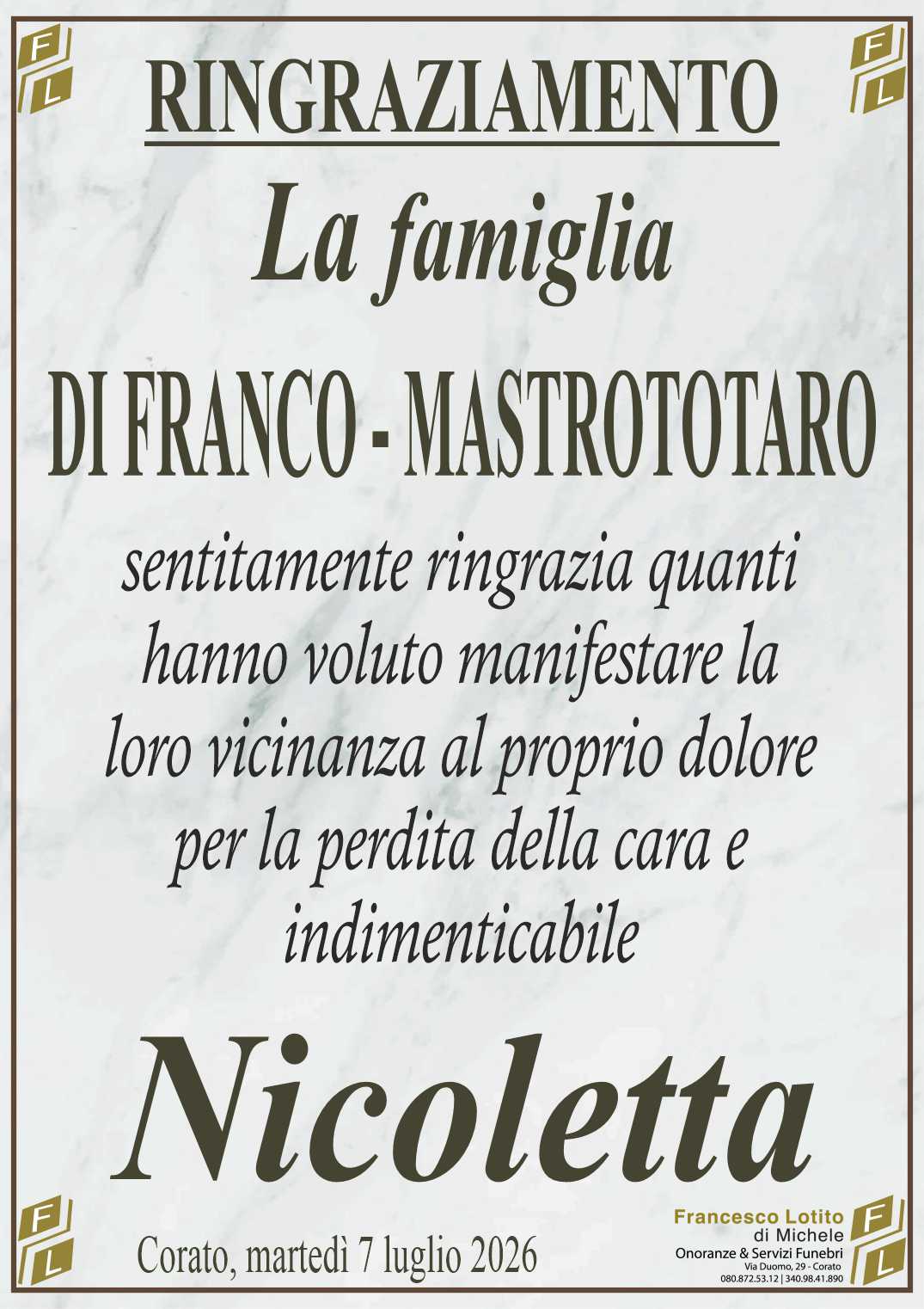 Ringraziamento Nicoletta MASTROTOTARO ved. DI FRANCO
