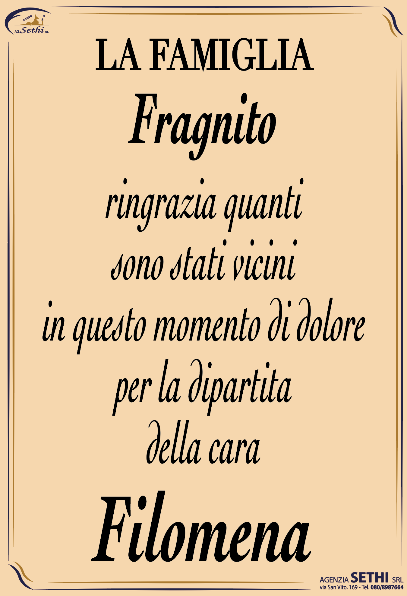 Ringraziamento Filomena Tandoi in Fragnito