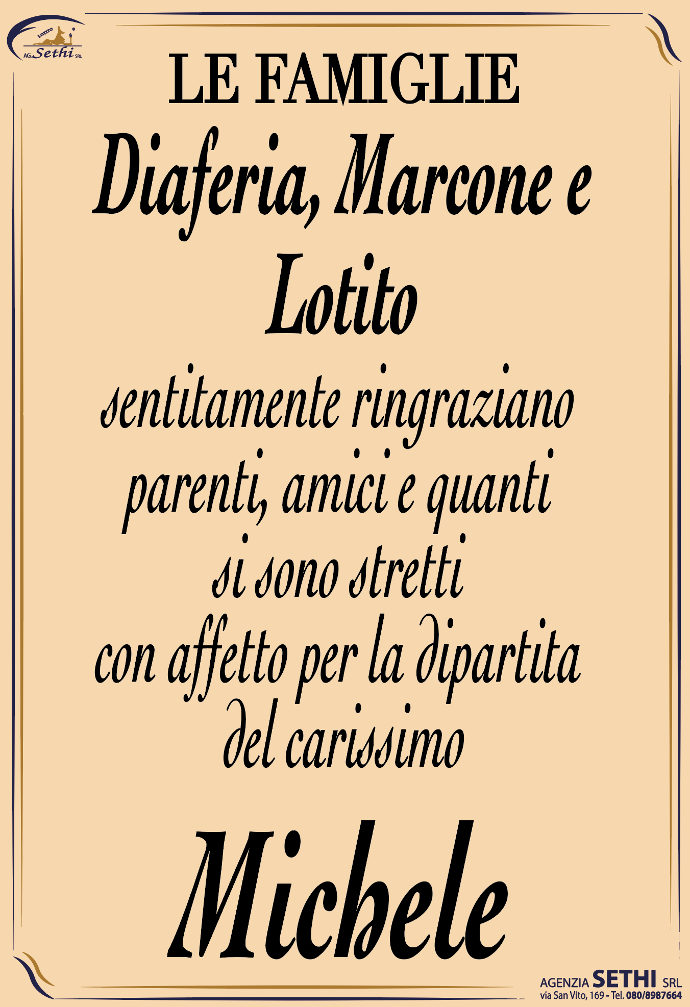 Ringraziamento Michele Diaferia fu Cataldo