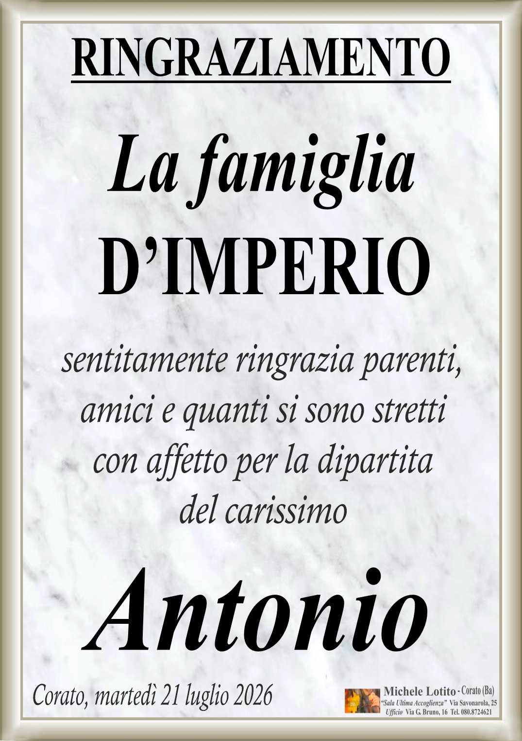 Ringraziamento ANTONIO D'IMPERIO (Appuntato Polizia Penitenziaria in pensione)