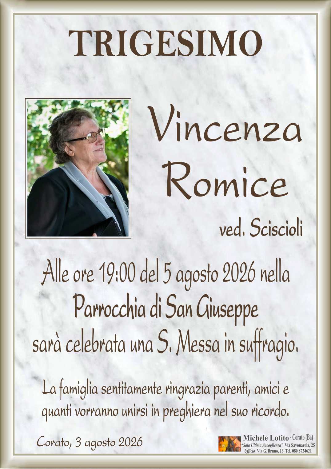 Trigesimo VINCENZA ROMICE ved. Sciscioli