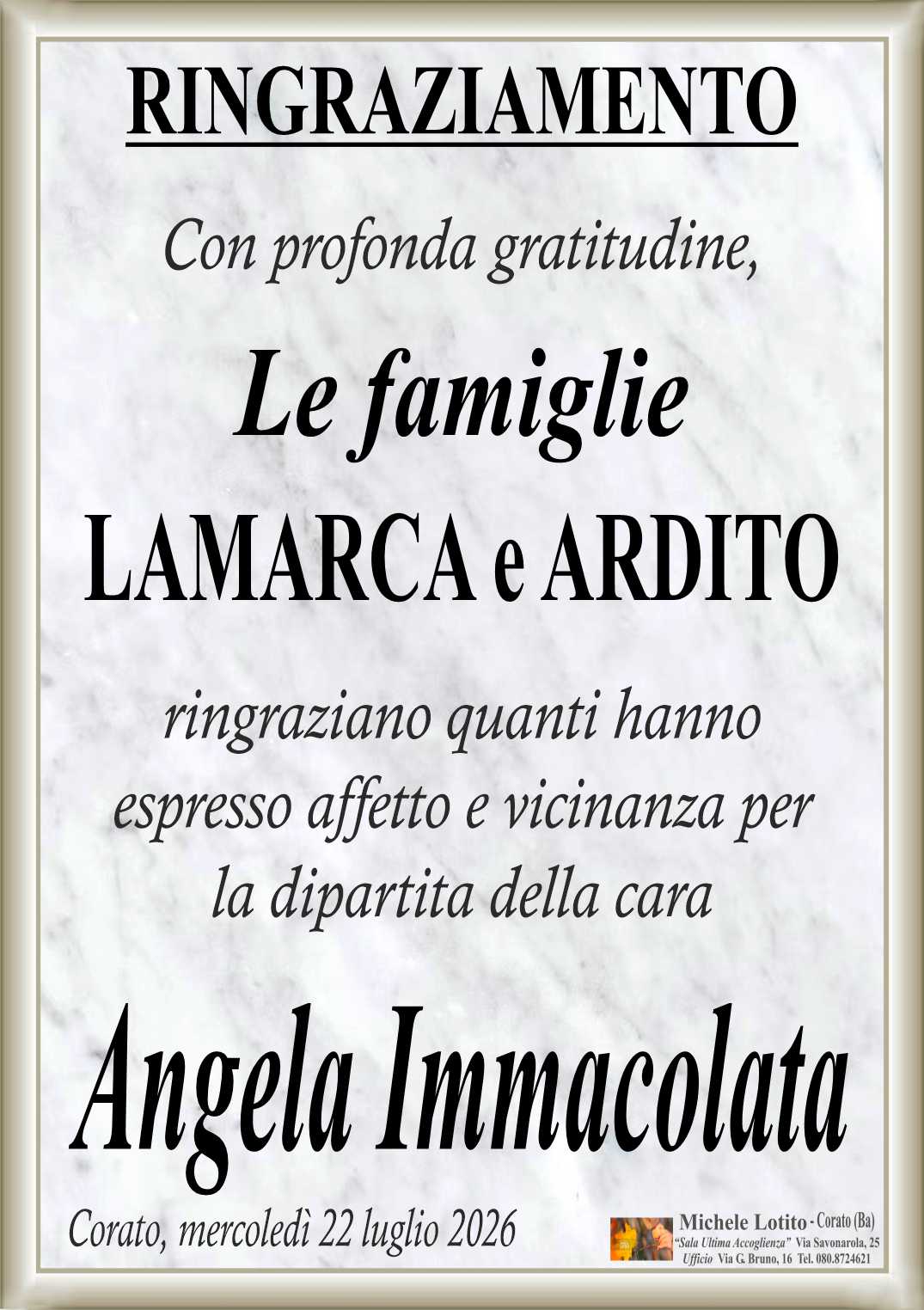 Ringraziamento ANGELA IMMACOLATA ARDITO in Lamarca