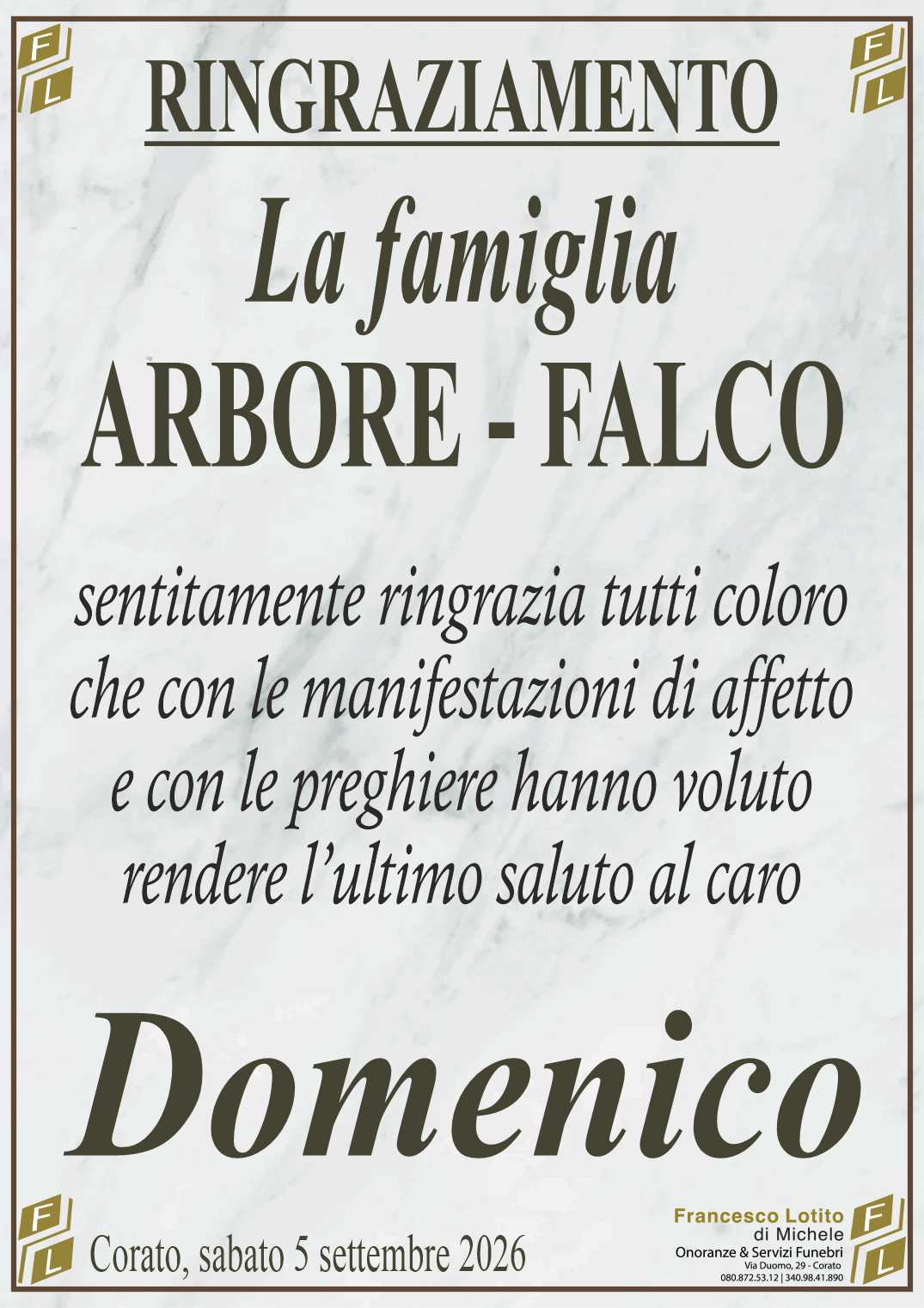 Ringraziamento Domenico ARBORE - Pittore e Decoratore -
