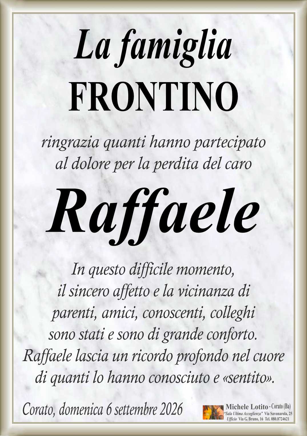 Ringraziamento RAFFAELE FRONTINO (Avvocato)
