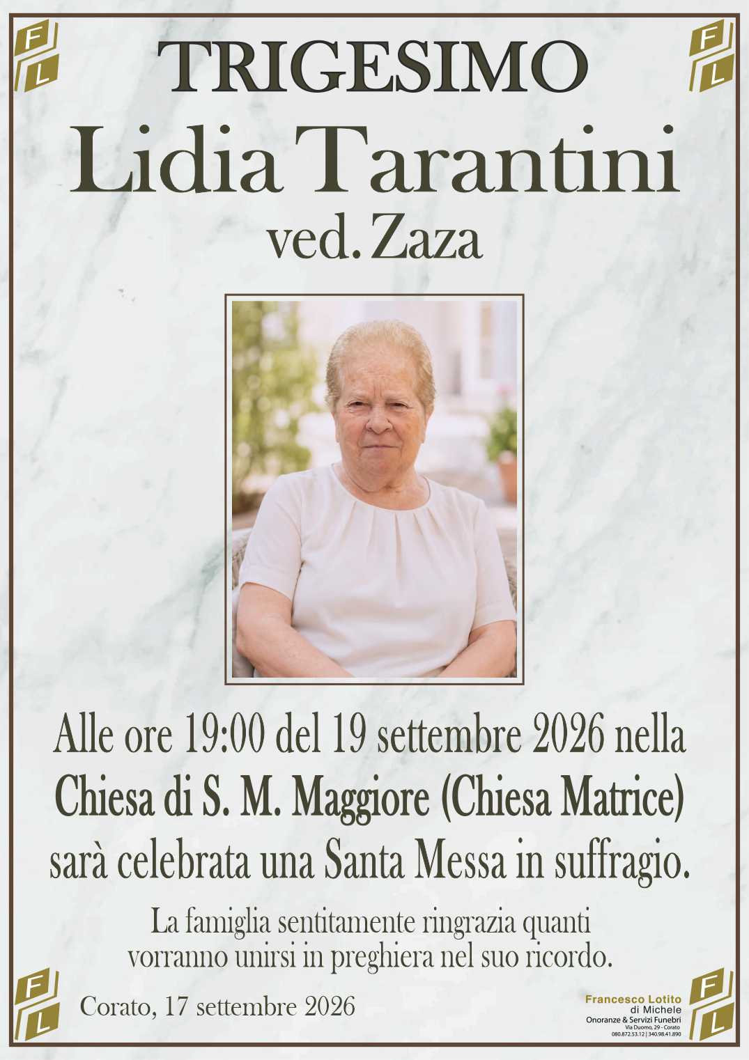 Trigesimo Lidia TARANTINI ved. ZAZA
