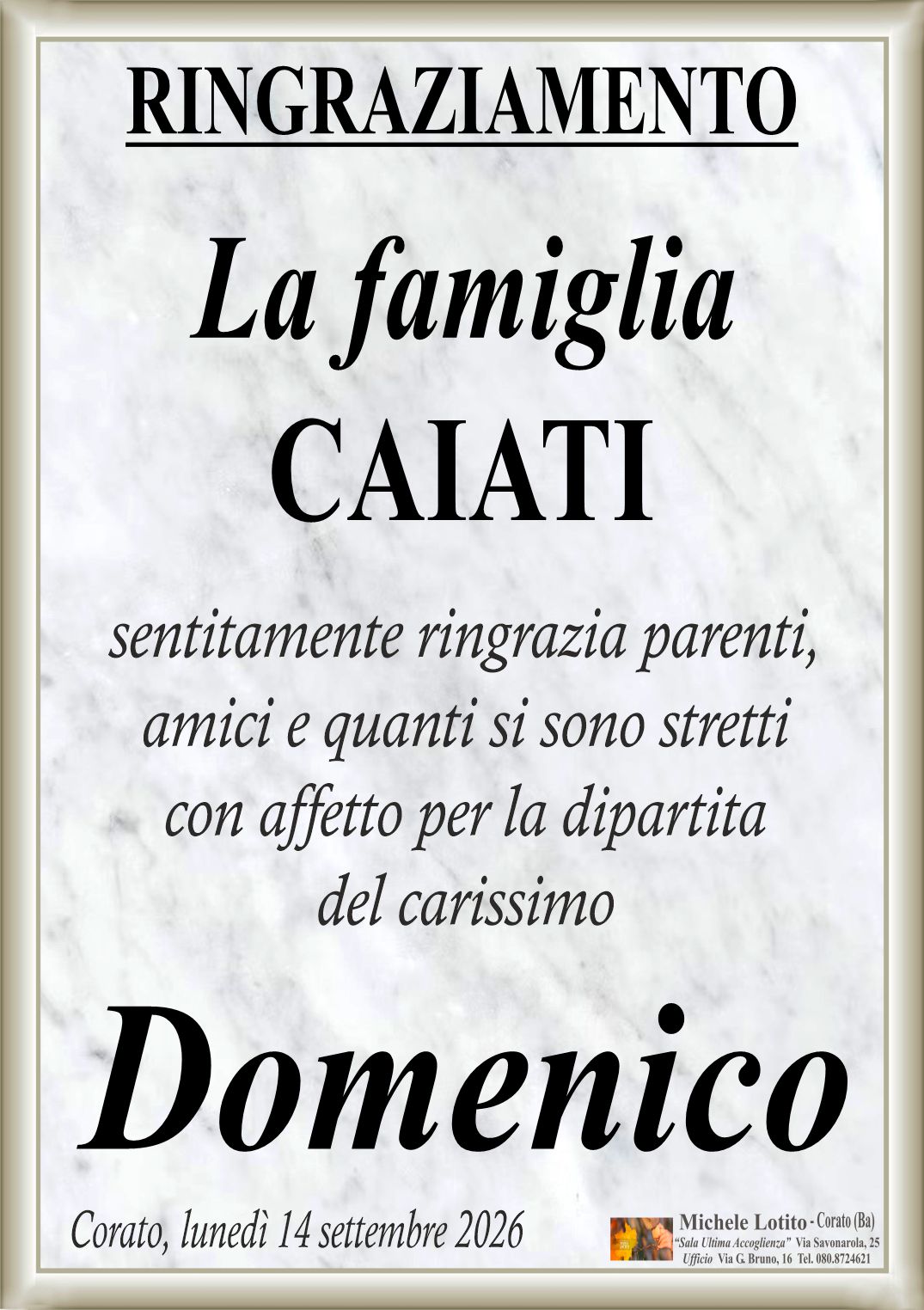 Ringraziamento DOMENICO CAIATI