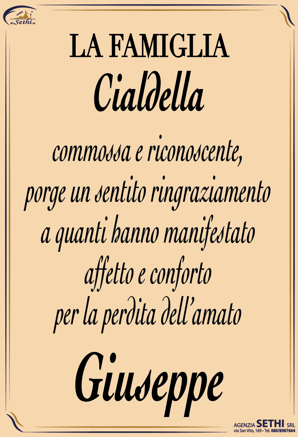 Ringraziamento Giuseppe Cialdella fu Cataldo