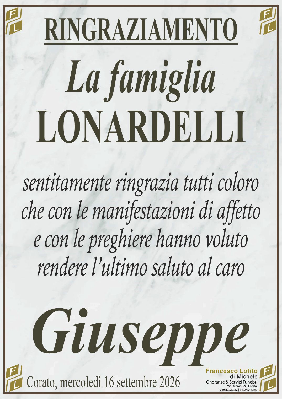 Ringraziamento Giuseppe LONARDELLI