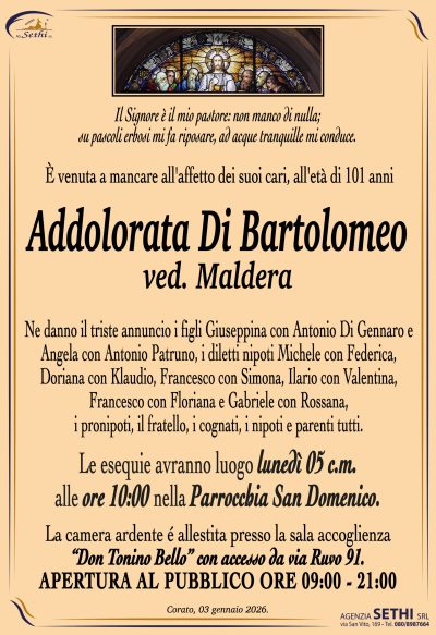 Ne danno il triste annuncio i figli Giuseppina con Antonio Di Gennaro e Angela con Antonio Patruno, i diletti nipoti Michele con Federica, Doriana con Klaudio, Francesco con Simona, Ilario con Valentina, Francesco con Floriana e Gabriele con Rossana, i pronipoti, il fratello, i cognati, i nipoti e parenti tutti.