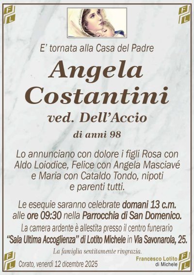 Lo annunciano con dolore i figli Rosa con
Aldo Loiodice, Felice con Angela Masciavé
e Maria con Cataldo Tondo, nipoti
e parenti tutti.