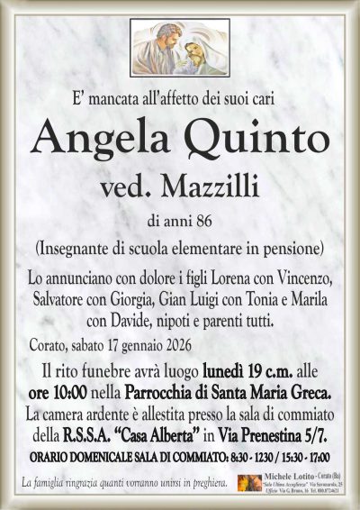 Lo annunciano con dolore i figli Lorena con Vincenzo,
Salvatore con Giorgia, Gian Luigi con Tonia e Marila
con Davide, nipoti e parenti tutti.