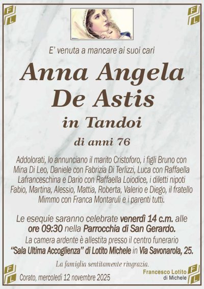 Addolorati, lo annunciano il marito Cristoforo, i figli Bruno con
Mina Di Leo, Daniele con Fabrizia Di Terlizzi, Luca con Raffaella
Lafranceschina e Dario con Raffaella Loiodice, i diletti nipoti
Fabio, Martina, Alessio, Mattia, Roberta, Valerio e Diego, il fratello
Mimmo con Franca Montaruli e i parenti tutti.