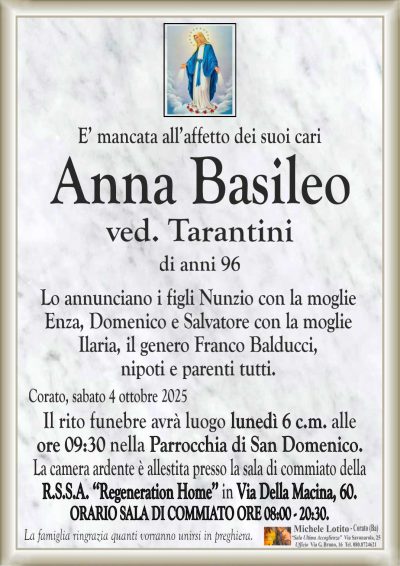 Lo annunciano i figli Nunzio con la moglie
Enza, Domenico e Salvatore con la moglie
Ilaria, il genero Franco Balducci,
nipoti e parenti tutti.