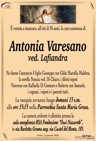 Ne danno l’annuncio il figlio Giuseppe con Gilda Mariella Maldera,
la sorella Nunzia ved. Di Chiaro,
i diletti nipoti Vincenzo con Raffaella Di Gennaro e Roberta con Samuele,
i cognati, i nipoti e i parenti tutti.