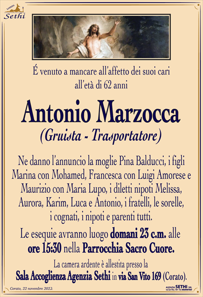 É venuto a mancare all’affetto dei suoi cari all’età di 62 anni
Antonio Marzocca
(Gruista – Trasportatore)
Ne danno l’annuncio la moglie Pina Balducci, i figli Marina con Mohamed, Francesca con Luigi Amorese e Maurizio con Maria Lupo, i diletti nipoti Melissa, Aurora, Karim, Luca e Antonio, i fratelli, le sorelle, i cognati, i nipoti e parenti tutti.
Le esequie avranno luogo domani 23 c.m. alle ore 15:30 nella Parrocchia Sacro Cuore.
La camera ardente è allestita presso la Sala Accoglienza Agenzia Sethi in via San Vito 169 (Corato).