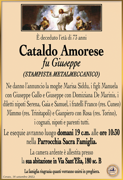 È deceduto l’età di 73 anni
Cataldo Amorese
fu Giuseppe
(STAMPISTA METALMECCANICO)
Ne danno l’annuncio la moglie Marisa Siddu, i figli Manuela con Giuseppe Gallo e Giuseppe con Domiziana De Marinis, i diletti nipoti Serena, Gaia e Samuel, i fratelli Franco (res. Cuneo) Mimmo (res. Trinitapoli) e Gianpiero con Rosa (res. Torino), i cognati, nipoti e parenti tutti.
Le esequie avranno luogo domani 19 c.m. alle ore 10:30 nella Parrocchia Sacra Famiglia.
La camera ardente è allestita presso la sua abitazione in Via Sant’Elia, 180 sc. B
La famiglia ringrazia quanti vorranno unirsi in preghiera.
Corato, 18 settembre 2023.